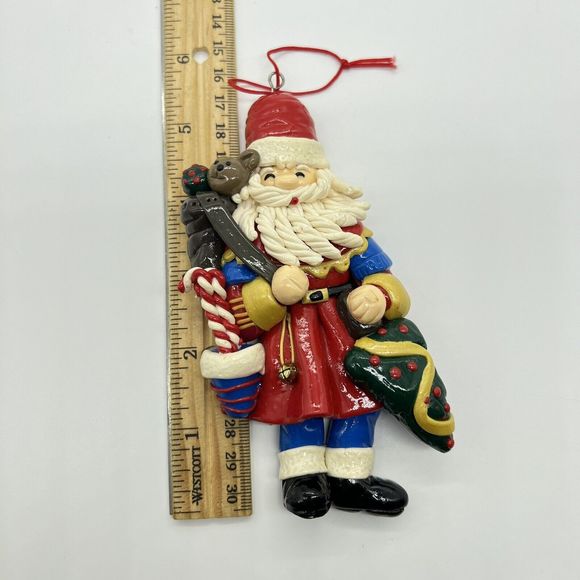 Vintage Santa Claus Christmas Ornament Glazed Clay Dough 5.5” Handmade Detailed - Picture 2 of 12